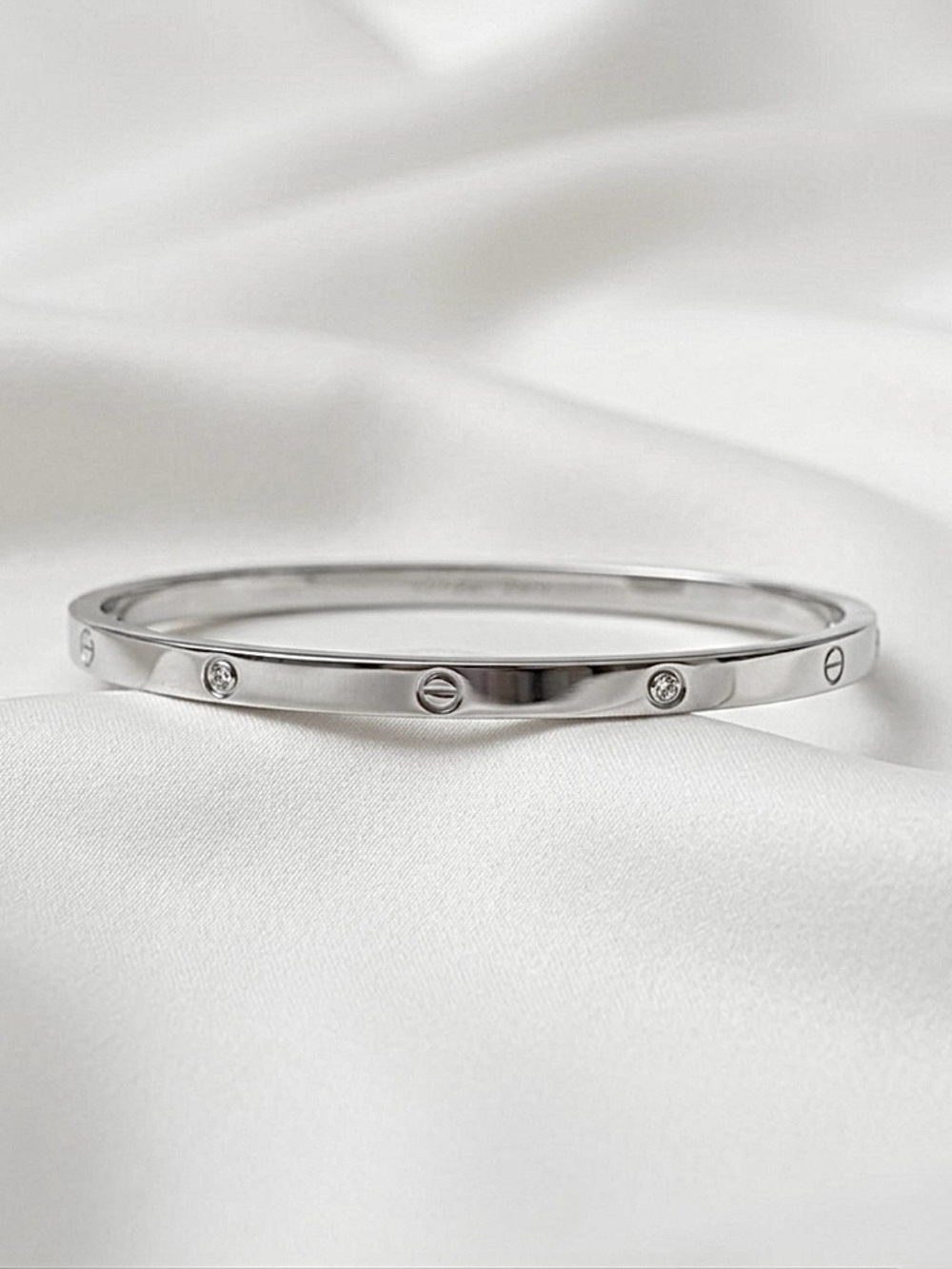 Silver Tone Thin Bangle Love Design Zirconia Stainless Steel Non-Tarnish
